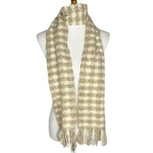 Banana Republic Y2K Tweed Plaid Scarf Beige Cream Lambswool Mohair Fringed Boho